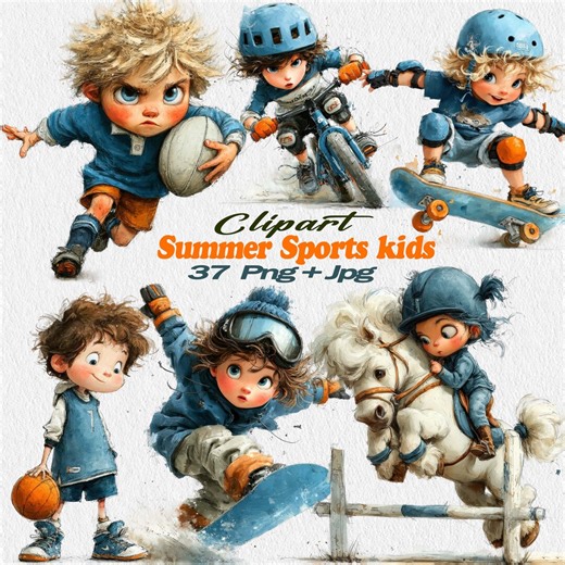 Summer Sports Clipart Watercolor Kids Athletics Soccer Basketball Team 37 PNG Digital Download - Etsy