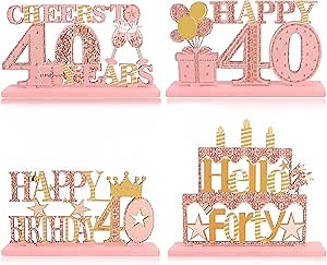40th Birthday Table Decorations for Her 4 Pcs Pink Rose Gold 40th Birthday Wooden Table Centerpieces Decor for 40 Year Old Women Birthday Party