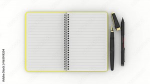 Animazione illustrazione 3D. Blocco note si apre e si chiude. Fogli vuoti con possibilità di inserire testo..