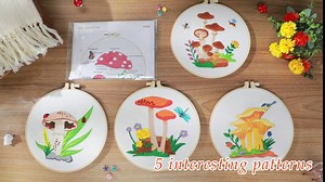 Yinder 5 Sets Mushroom Embroidery Kit for Beginners with Pattern and Instructions Include Embroidery Cloth Hoops Threads for Craft Lover Hand Stitch DIY Adult Hand Needlepoint