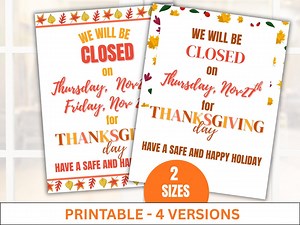 Closed for Thanksgiving Sign, Thanksgiving Closed Sign, Closed for Thanksgiving Printable, Business Closed Sign, Office Closure Notice - Etsy Canada