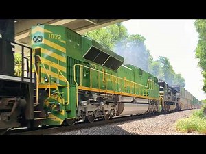 Dangerous Railroad Crossing, Steep, Poor Visibility & Smoky Heritage Unit Goes Over Bridge Over CSX