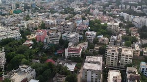 Aerial view of Hyderabad, the capital and largest city of the Indian state of Telangana. Residential and commercials. It occupies 650 km2 (250 sq mi) on the Deccan Plateau.