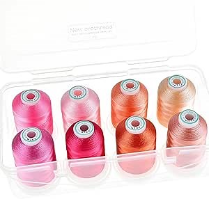 New brothread - 20 Options - 8 Snap Spools of 1000m Each Polyester Embroidery Machine Thread with Clear Plastic Storage Box for Embroidery & Quilting - Pink/Rose/Flesh