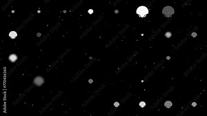 Template animation of evenly spaced sea shell symbols of different sizes and opacity. Animation of transparency and size. Seamless looped 4k animation on black background with stars