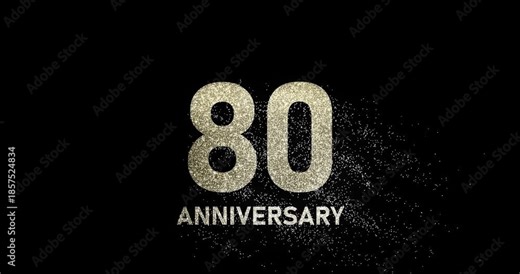 80 years anniversary, glitter numbers, gold shimmer particles falling from number 80, jubilee or birthday celebration, footage