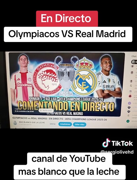 Olympiacos VS Real Madrid en directo comentando a través del canal de YouTube: mas blanco que la leche #realmadrid #olympiakos #ucl #directo #vivo