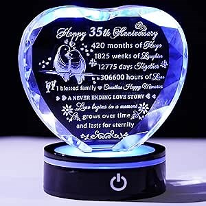 YWHL 35th Wedding Anniversary Crystal Heart Gifts for Parents Couples with LED Base Laser Engraved Happy 35th Anniversary Keepsake Plaque Gift for Husband Wife 35 Years of Marriage Gifts for Her Him