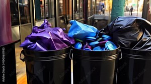 Exploring the vibrant colors of trash bags in a lively urban setting during a sunny afternoon