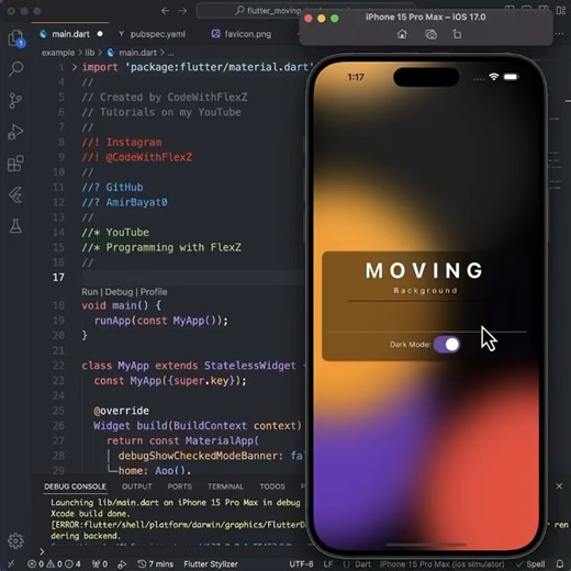 FlexZ • Flutter Developer, Mobile Developer, iOS & Android Dev on Instagram: "• 🚀 Transform your Flutter apps with dynamic animations using 𝗳𝗹𝘂𝘁𝘁𝗲𝗿_𝗺𝗼𝘃𝗶𝗻𝗴_𝗯𝗮𝗰𝗸𝗴𝗿𝗼𝘂𝗻𝗱! 🎉 This powerful package lets you add stunning 𝗺𝗼𝘃𝗶𝗻𝗴 𝗯𝗮𝗰