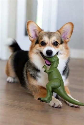 Corgi Puppy Playing with Dinosaur Toy - Cute Dog Moments 🐶