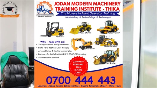 Jodan Modern Machinery Training Institute. -𝑻𝒉𝒆 𝑴𝒐𝒗𝒆𝒓𝒔 𝒊𝒏 𝑷𝒍𝒂𝒏𝒕 𝑶𝒑𝒆𝒓𝒂𝒕𝒐𝒓 𝑻𝒓𝒂𝒊𝒏𝒊𝒏𝒈- Train on modern equipment, gain real-world skills, and step confidently into the construction industry. 🔹 Forklift – Safe and efficient material handling for warehouses and industries. 🔹 Motor Roller – Road compaction and surface finishing made practical. 🔹 Backhoe – Versatile digging, loading, and excavation training. 🔹 Wheel Shovel – Master loading, lifting, and bulk material 