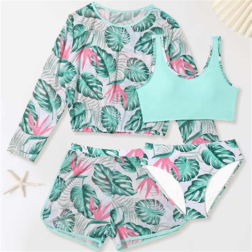Print 4 Piece Kids Sustainable Swimwear Bikinis & Beachwear Set for Kids Girls Children