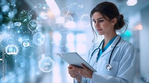 Navigating the Future of Healthcare: A confident female doctor analyzes patient data through a digital tablet, surrounded by futuristic medical icons, embodying the intersection of technology and medi Stock Video