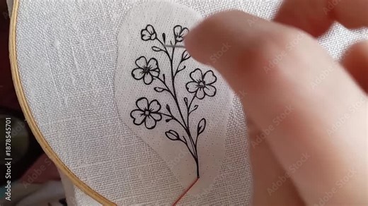 Part 1 of a tutorial on couching stitch embroidery technique. Close-up video of hands stitching the stem using couching technique, ideal for embroidery enthusiasts, DIY projects, and creative learning