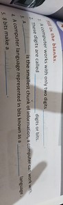 Fill in the blanks.A computer works with only two digits \qqua... | Filo