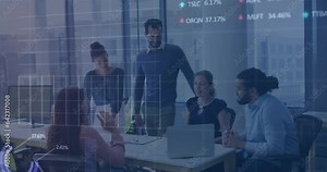 Animation of graphs and trading board over diverse colleagues discussing over laptop in meeting room Stock Video