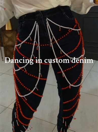 Dance your denim off! There's a standard dancing style while wear ED custom jeans. The graceful sway of the dangling beads make them playful while maintaining a level of cuteness. Imagine wearing these at a party 🥳 #creatorsearchinsights #dancingdenim , #denimvibes , #dancechallenge , #fashiondance , #fyp #handbeaded #detailing
