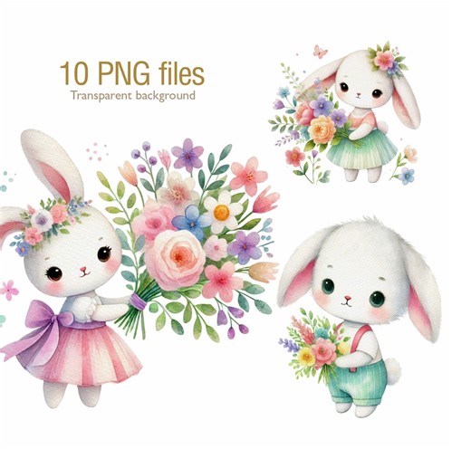 Cute Easter Bunny Clip Art, PNG Cartoon Rabbit Bunny With Flower Bouquet, Floral Bunny Illustrations, Easter Sunday - Etsy