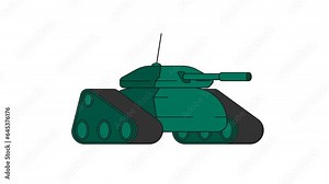 Animated Combat army track tank with camouflage coloring and long barrel for firing projectiles at enemy. Heavy self propelled artillery equipment. Cartoon looped video isolated on white background