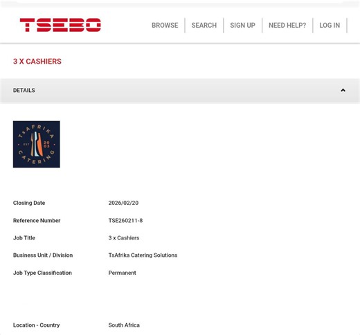 📌Tsebo Solutions Group is hiring! ✅Call Centre Agents ✅Cashiers 3x Posts ✅Receptionists ✅ Administrators Salary: R8,500 - R15,000 p/m Minimum Requirements: - Grade 12/ Matric only! - Reception/ Admin/Sales/ Cashier/ Customer service knowledge! Closing Date: 17- 20 February 2026 Apply ASAP: https://visionsoul.co.za/call-centre-and-cashier-jobs-south-africa-2026/ | Vision-Soul