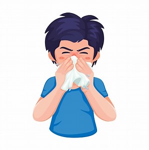 Boy sneezing flu and allergy symptom character symbol cartoon...