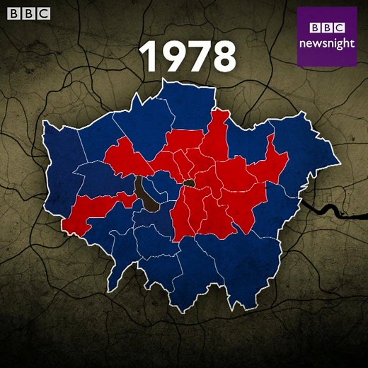 In the 1960s, when the first elections took place under the current system of London councils, there was a predictable pattern. A two horse race, one up one year, one down the other. But in recent years it has evolved - this map shows how. | BBC Newsnight
