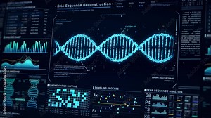 DNA Helix analysis visualization data, genome sequence ui screen, futuristic genetic engineering lab infographic interface, 3D biotechnology scan report dashboard, medical science technology backgound
