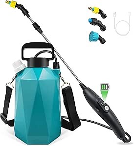 Battery Powered Garden Sprayer, Electric Pump Sprayer 1 Gallon with 3 Nozzles, USB Rechargeable Handle, Telescopic Wand, Portable Water Sprayer with Adjustable Shoulder Strap for Lawn and Garden