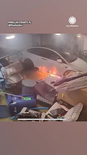 AccuWeather on Instagram: "Watch as a Tesla catches fire in a flooded garage during Hurricane Helene. Florida officials are warning that electric vehicles exposed to saltwater can catch fire.⁣ ⁣ #tesla #fire #electriccar #flood #flooding #florida #helene #weather #accuweather"