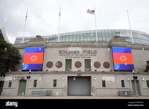 A general overall view of the Chicago Bears logo on video board on the Soldier Field facade, Monday, Aug. 7, 2023, in Chicago Stock Photo - Alamy