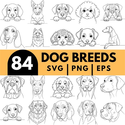 84 Dog Breeds Svg Clipart Bundle, Dog Line Art SVG PNG EPS, Dog Face Outline, Puppy Breed Illustrations, Cricut Cut Files - Etsy