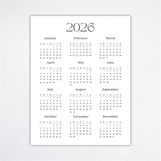 2026 Wall Calendar Annual Calendar PDF Calendar Printable Calendar Minimalist Calendar Starts Monday/sunday Wall Decoration Yearly Calendar - Etsy UK