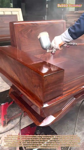 application de laque par pulvérisation sur un canapé traditionnel en bois