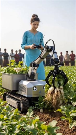 Girl Operating Smart Radish-Harvesting Robot in Lush Field#shorts#farming#automobile