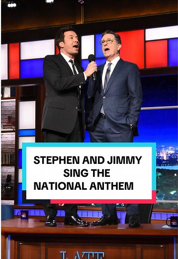 It's a very star-studded banner with Stephen Colbert and @Jimmy Fallon! #Colbert #JimmyFallon #NationalAnthem @FallonTonight