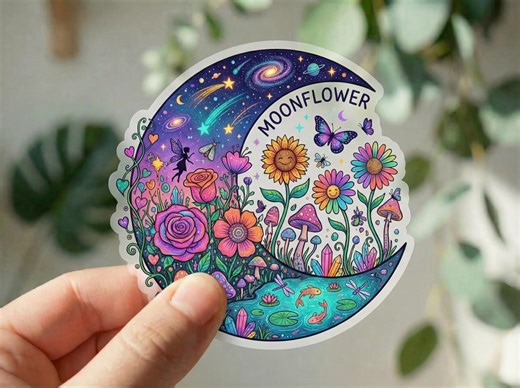 Moonflower Floral Crescent Moon Sticker, Celestial Garden Sticker, Mystical Moon Art, Fairy Core Nature Sticker, Waterproof Vinyl Decal - Etsy