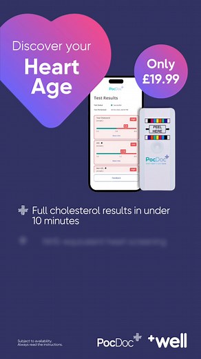 💜 How healthy is your heart? Discover your heart age in the comfort of your own home with the PocDoc Healthy Heart Check! ✅ Full cholesterol results in under 10 minutes ✅ NHS-equivalent heart screening ✅ The option to speak to a clinician about your results Shop now via the link in the comments and take the first step towards a healthier heart. #hearthealth #cholesterol #healthcheck #healthyheart | Well Pharmacy