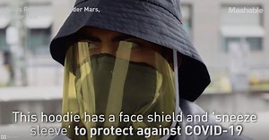 This hoodie comes with a face shield, ‘sneeze sleeve’ to protect against COVID-19