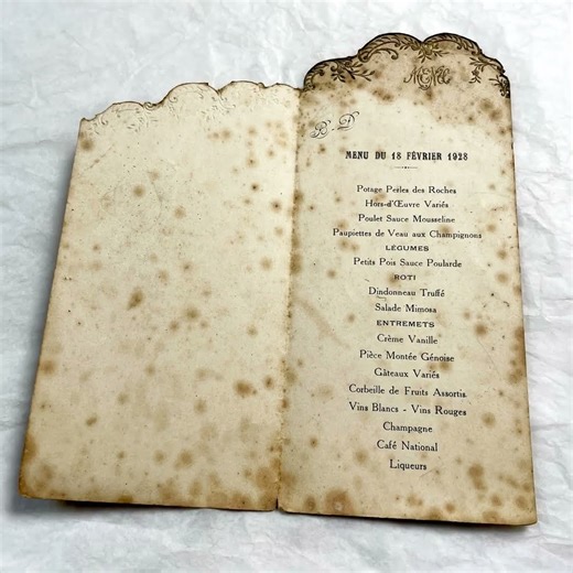 1920s French Dinner Menu | Elegant Die-Cut Floral Design 1928