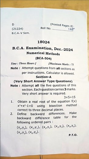 Numerical methods paper bca 2024