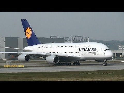 Two planes on the runway / takeoff of Lufthansa A380 D-AIMK for delivery flight