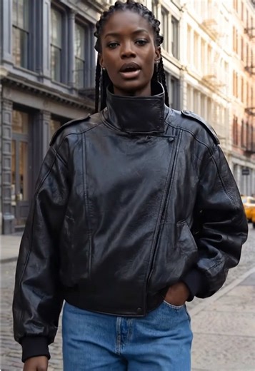 The jacket everyone is asking about. 🖤🏍️ This Vintage Faux Leather Bomber is a mood. 🧥 High Funnel Neck Design ✨ Oversized 90s Fit Edgy, warm, and iconic. Shop the look! 👇#LeatherJacket #BomberJacket#VintageLeather #90sFashion#CoolGirlAesthetic