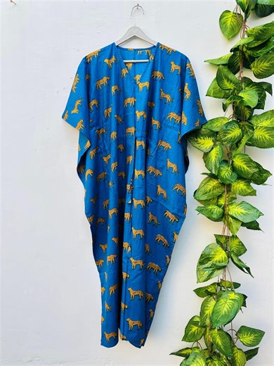 Blue Cotton Caftan With Tiger Print – Bohemian Resort Wear, Beach Cover Up - Etsy