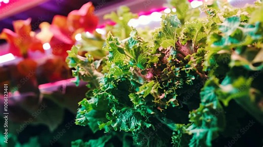 Green leafy vegetables are growing under artificial light in a vertical farm