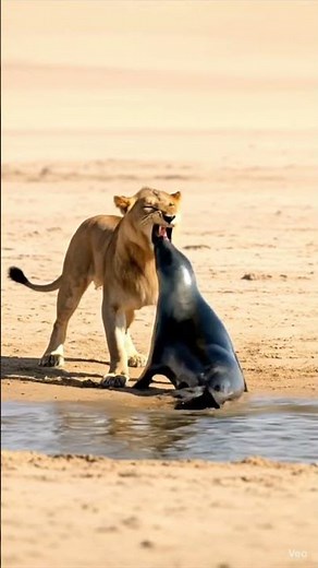 Lion vs Seal: Unexpected Beach Encounter!”