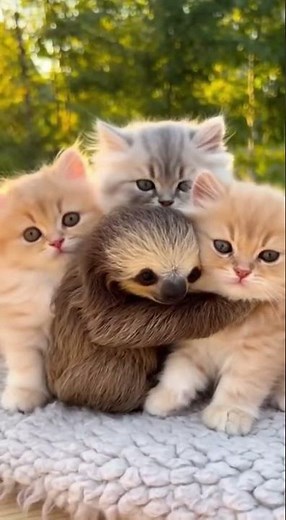 🦥💛 A Baby Sloth Hugs Three Kittens — The Internet Can’t Handle This Cuteness! 😭🐱