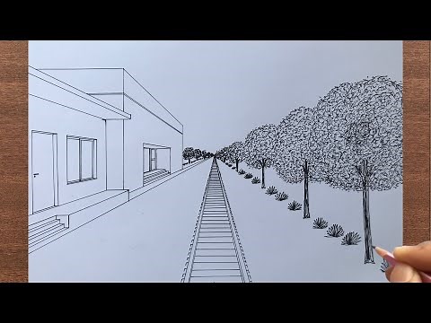 How to Draw a Train Track and Trees in 1-Point Perspective