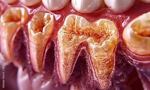 Close-up view of human teeth and gums, highlighting dental structure and anatomy.