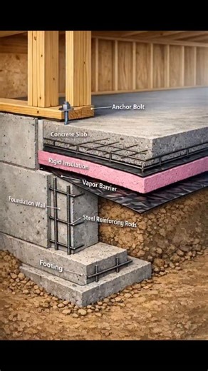 Ever wondered what’s really supporting your home from the ground up? 🏠🔍 This detailed cross-section reveals the hidden engineering beneath your feet—the true backbone of a strong, durable house. #fblifestyle From the wide concrete footing at the bottom that spreads the load into the soil, to the reinforced foundation wall packed with steel rebar for strength, every layer has a purpose. Above that, a vapor barrier blocks moisture, while rigid insulation keeps temperatures stable and energy bill